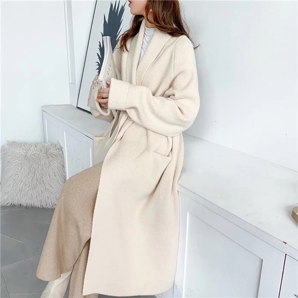 Cardigan sweater chunky knit tie belt thick winter pockets Apricot Beige cream - Picture 5 of 13